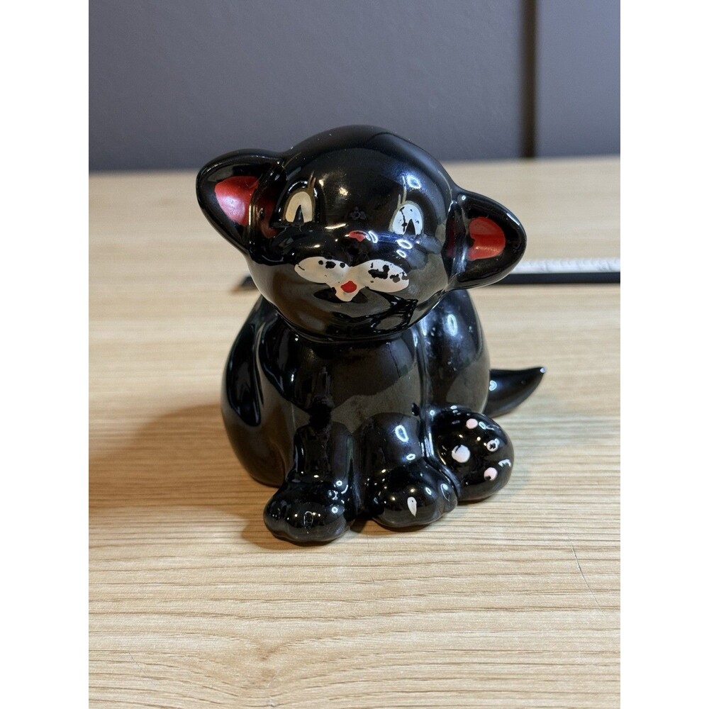 Vtg Redware Black Cat Figurine Candle Holder Kitschy Japan MCM Big Eye Halloween